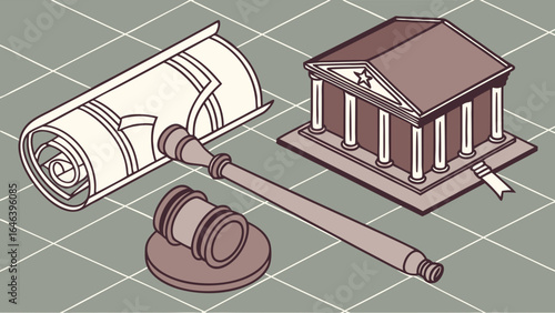 Law concept illustration with gavel court building and scroll isometric
