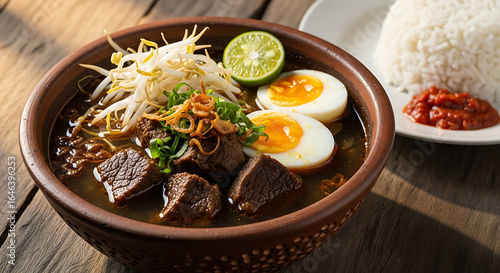 Traditional Indonesian rawon beef soup with egg, sambal, lime, and fresh vegetables served in a rustic clay bowl.