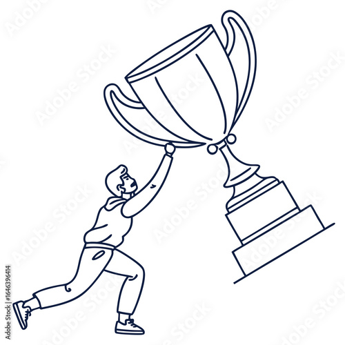 Line Art Man Reaching for Giant Gold Trophy Cup Symbolizing Success