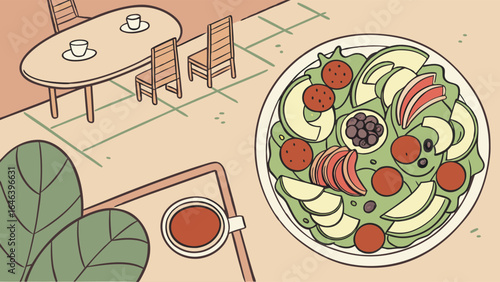 Lunchtime Illustration of Salad with Coffee and Dining Set