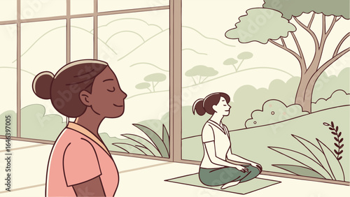 Meditating women enjoying outdoors view. Peaceful zen, mindful lifestyle