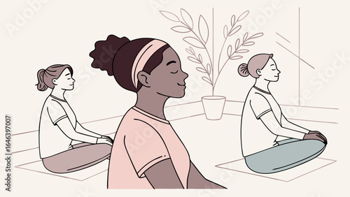 Meditating Women Illustration with Nature Relaxation Self-Care Concept