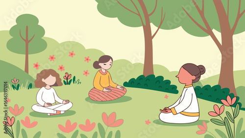 Meditating Women in Park: Peaceful Illustration of Mindfulness and