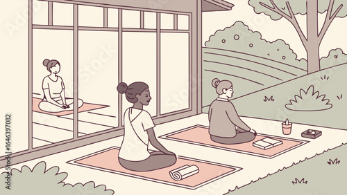 Meditative Ladies Practicing Mindful Yoga Outdoors in a Peaceful