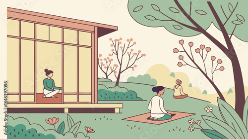 Meditative Scene of People Meditating in Nature by a Minimalist Cabin