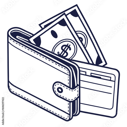 Minimalist illustration of a wallet with money banknotes and dollar symbol
