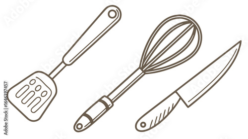 Minimalist Kitchen Utensils Illustration Set: Spatula Whisk and Knife