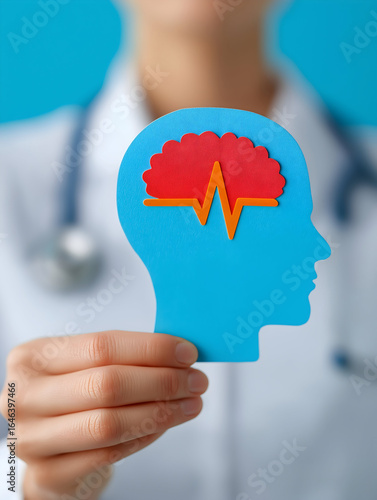 A healthcare professional holds a colorful cutout of a head with a brain and heartbeat, symbolizing mental health and wellness.
