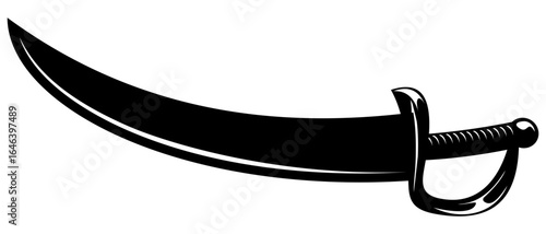 Black Curved Sword Vector, Pirate Saber or Cutlass Silhouette, Single Medieval Blade Weapon Icon Isolated on White Background for Design or Game Element