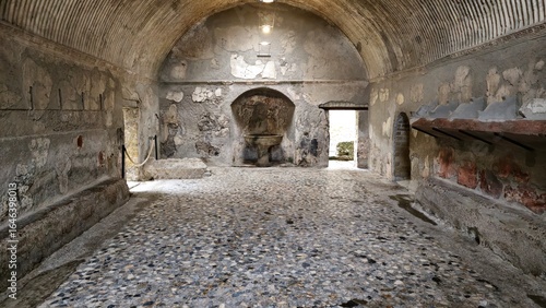 Herculaneum, Italy - 9 January 2025. Interior of a Roman bath house featuring a stone mosaic floor, vaulted ceiling, wall niches, and a central basin.
