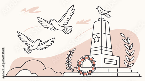 Monument with Doves Flying for Peace Vector Illustration Design Concept