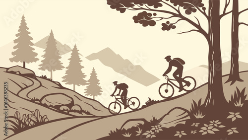 Mountain Bikers Riding Trail Amidst Trees and Mountains Illustration