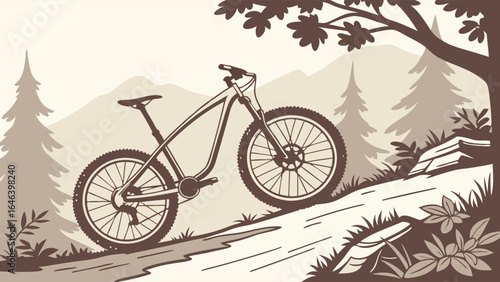 Mountain Biking Adventure: Monochrome Illustration on a Forest Trail