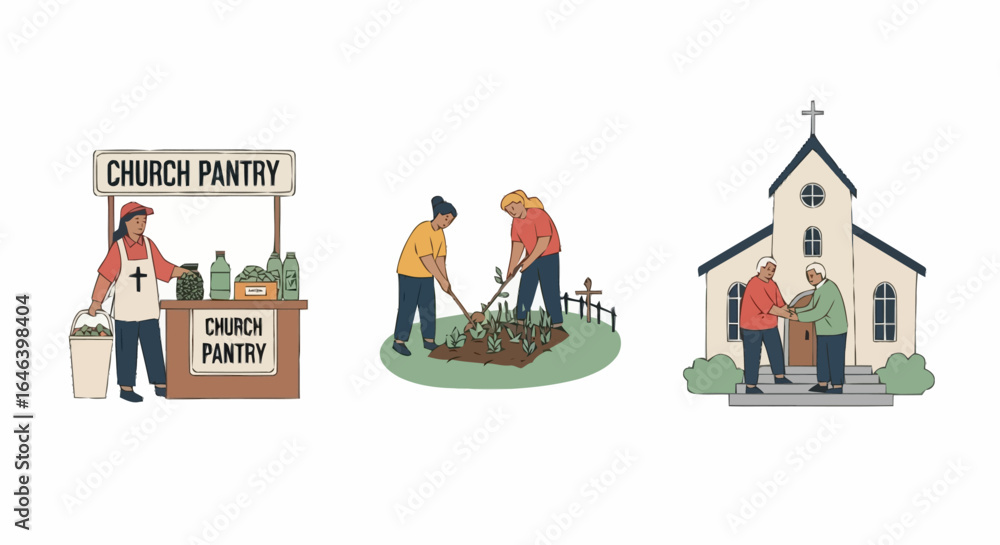 Obraz premium Church Community Service Illustrations Highlighting Food Bank, Gardening, and Welcoming Activities Designed for Charitable Outreach Programs