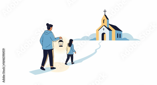 Serene Journey to Faith A Mother and Daughter Walking Towards Church with Lantern, Symbolizing Guidance, Hope, and Spiritual Connection. Ideal for Religious Themes