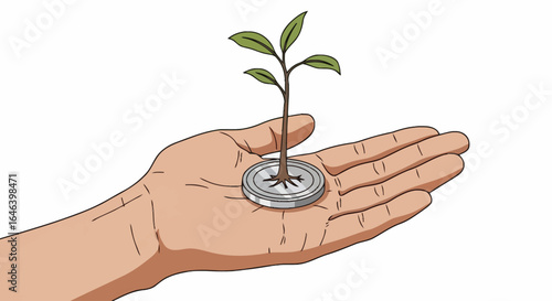 Conceptual depiction of financial growth, featuring a nurturing hand holding a seedling emerging from coins, symbolizing investment and prosperity for finance projects.