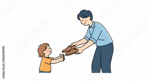 Heartwarming Illustration of a Father and Child Bonding Over Shoes, Emphasizing Family Values and Everyday Moments for Parenting Blogs or Educational Materials
