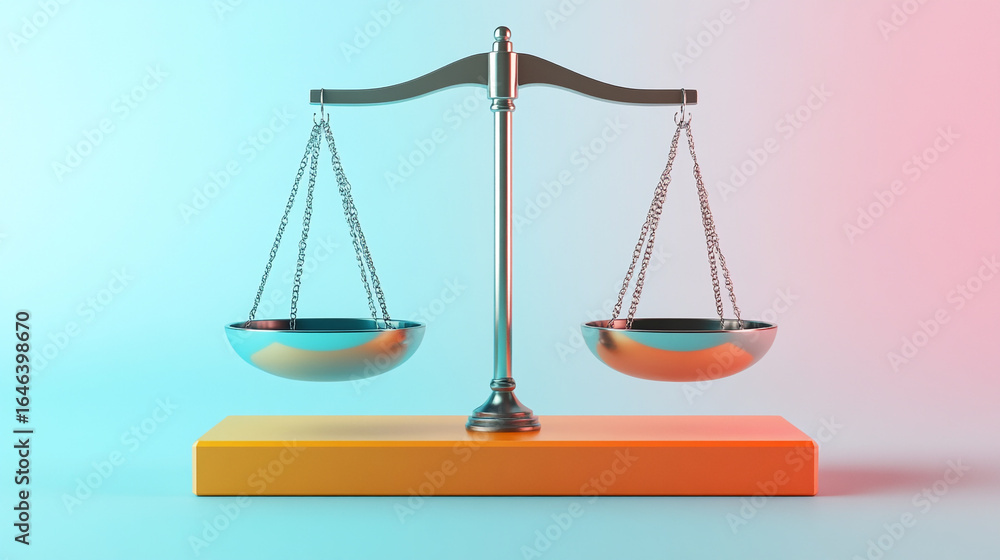 Balanced scales on an orange base against a blue pink background symbolizing justice and equality Balanced scales on an orange base against a blue pink background symbolizing justice and equality