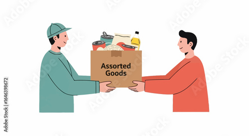 Delivery service illustration showcasing a cardboard box filled with assorted goods exchanged between a courier and a customer, suitable for online grocery stores and delivery platforms.