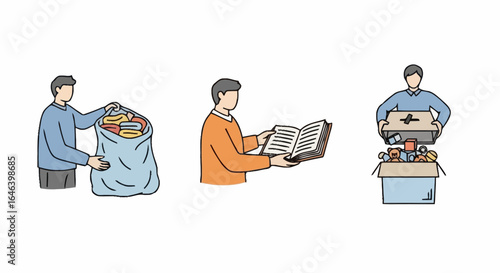 Illustrated Sequence of a Person Donating Food, Reading, and Packing Items for Charitable Giving to Support Community Outreach