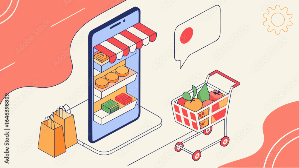 Fototapeta premium Online grocery shop isometric illustration mobile food shopping