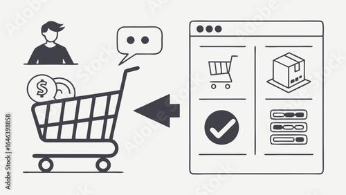 Online shopping cart process icon illustration ecommerce sales and purchase