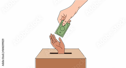 Illustration of Hand Donating Money to Charity Box, Symbolizing Generosity and Philanthropy for Social Causes, Fundraising Campaigns and Financial Support