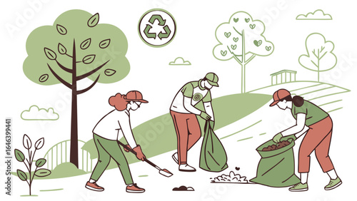 People cleaning up trash in the park and caring about recycling