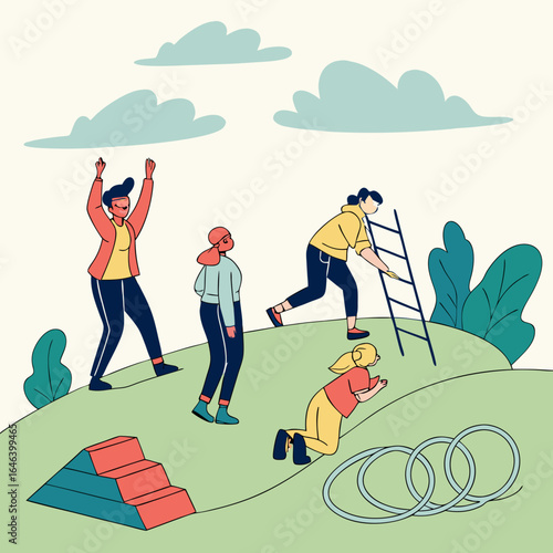 People overcome obstacles on a green hill illustration with colorful