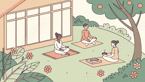 People meditating and enjoying food outdoors during a relaxed summer day