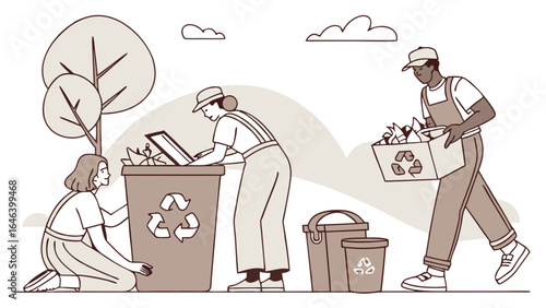 People Recycling Trash In Nature: Illustrated Eco-Friendly Lifestyle