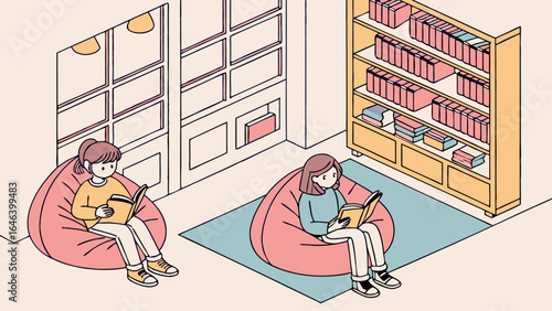 People Reading in Cozy Room with Bookshelf and Floor Rug Cartoon