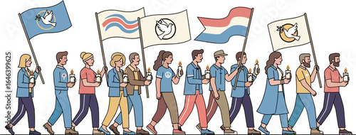 Peaceful Demonstration with Participants Holding Flags and Candles in a Peaceful March for Unity