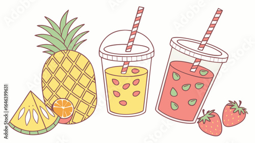 Pineapple strawberry smoothie juice and fresh fruits illustration