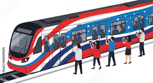 vibrant modern commuter train with people boarding during nighttime transit scene