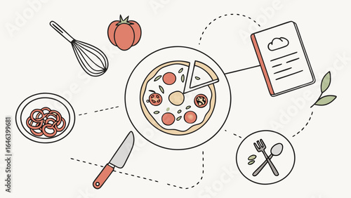 Pizza ingredients illustration with a cookbook and cooking utensils on