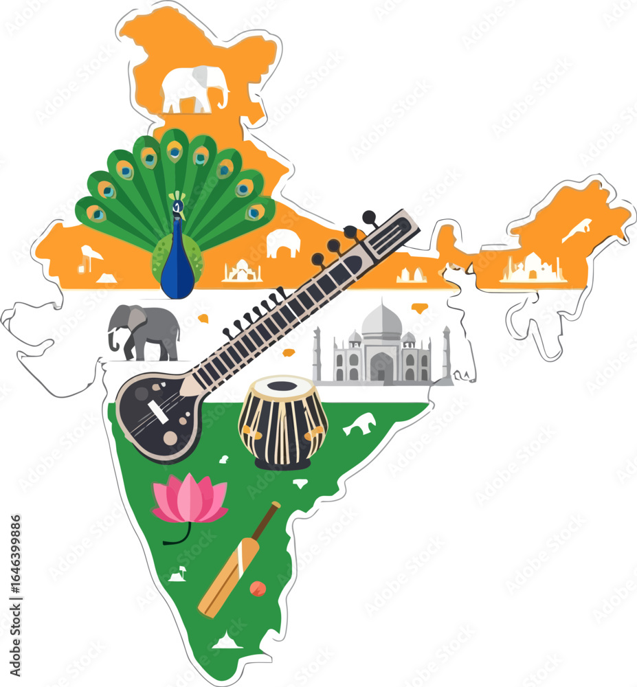 Obraz premium Vibrant Artistic Map of India Highlighting Cultural Diversity and Landmarks in a Creative Design