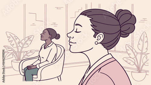 Relaxed women with eyes closed and bun hair, indoors with plants