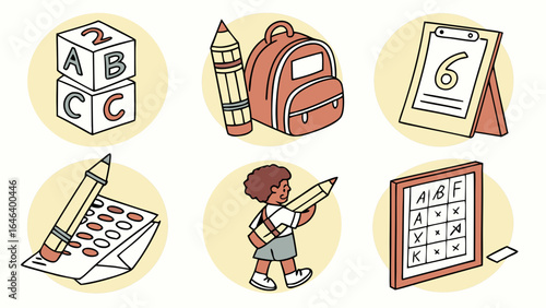 School Supplies Illustration Set Featuring a Student, Pencils, and More