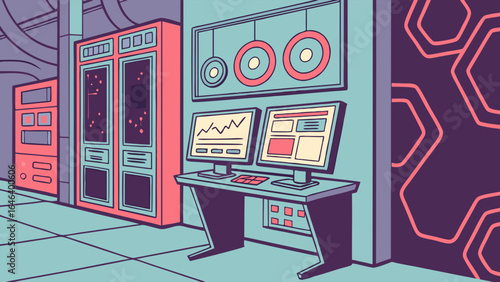 Sci-fi computer room illustration with server racks and data analysis