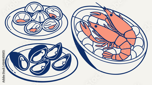Seafood illustration: mussels oyster dumplings and boiled prawns on plates