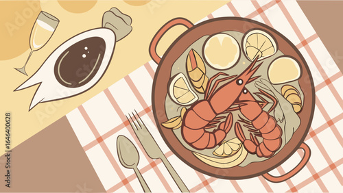 Seafood Paella Illustration with Shrimps Lemon and Wineglass Concept