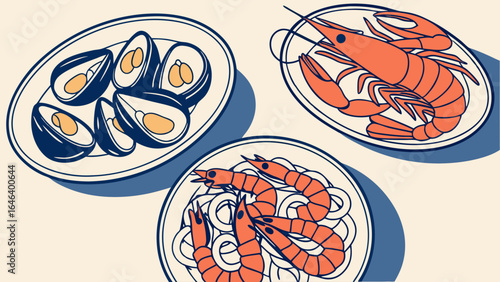 Seafood platter illustration of mussels shrimp and lobster prepared