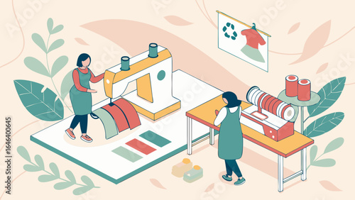 Seamstress atelier creating clothing and eco-friendly garments illustration