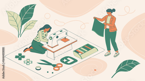 Sewing and Textile Illustration Showing Women with Fabrics and Tools
