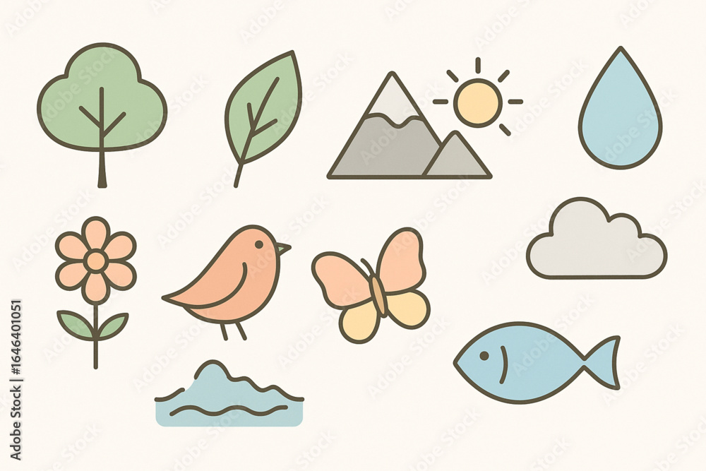 Naklejka premium Minimalist Flat Vector Nature Icon Set — Friendly Tree, Leaf, Mountain, Sun, Water, Flower, Bird, Butterfly, Cloud, Fish