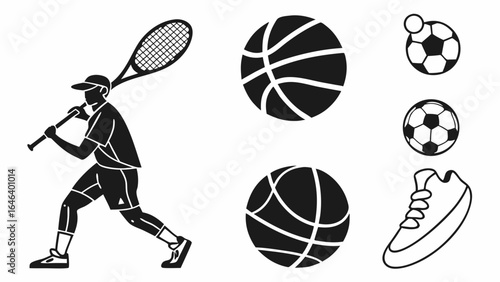 Silhouetted athlete playing tennis with basketball and soccer elements