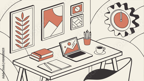Stylish workspace illustration with laptop, art, books and a clock design