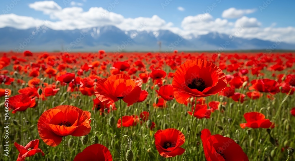 Fototapeta premium Vast Field of Vibrant Red Poppies Blooming Under a Beautiful Blue Sky with Snow-Capped Mountains in the Distance