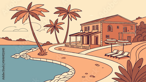 Tropical Beachfront Villa Illustration with Palm Trees and Pathway